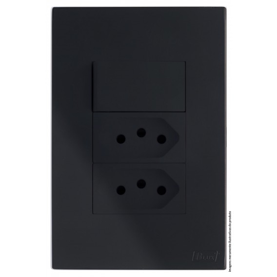 Conjunto Interruptor Simples + Tomada Dupla 10a 4x2 - RECTA Preto Black Satin Fosco